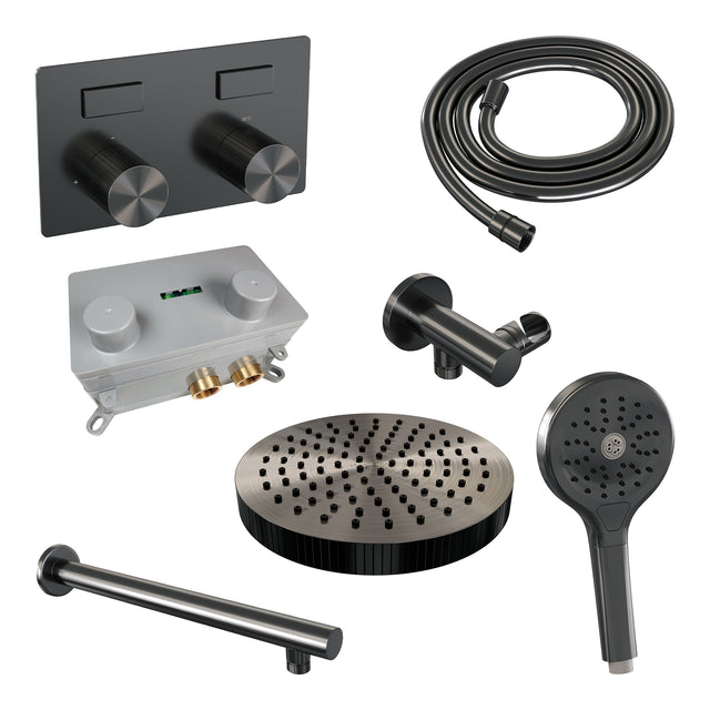 BRAUER Stripe thermostatische inbouw regendouche met drukknoppen SET 28 met 25 cm douchekop en rechte muurarm en 3-standen handdouche en doucheslang en wandaansluitbocht gunmetal geborsteld PVD 5-GM-419