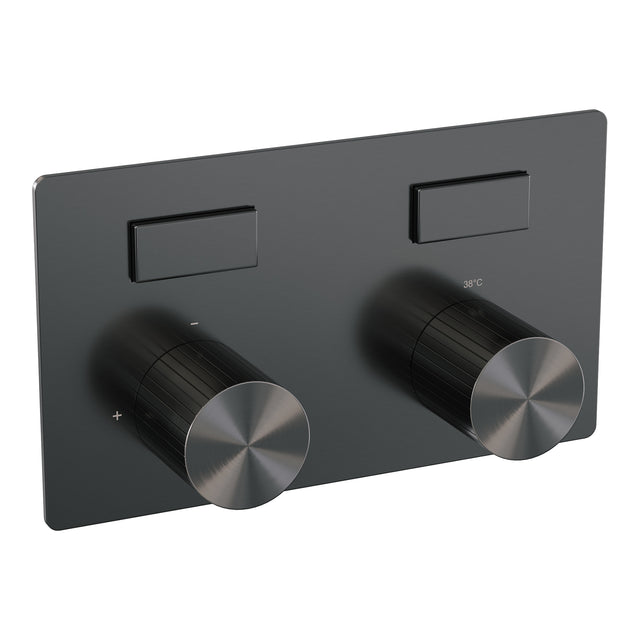 BRAUER Stripe thermostatische inbouw regendouche met drukknoppen SET 29 met 25 cm douchekop en gebogen muurarm en 3-standen handdouche en doucheslang en wandaansluitbocht gunmetal geborsteld PVD 5-GM-421