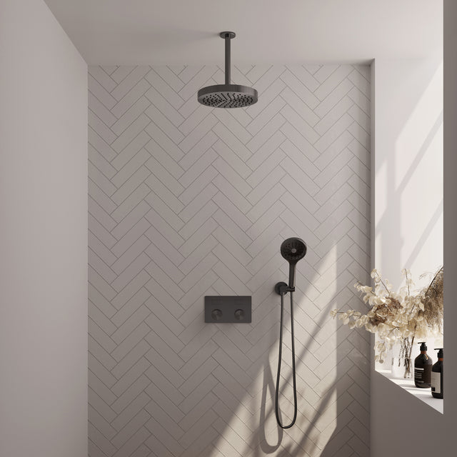 BRAUER Stripe thermostatische inbouw regendouche met drukknoppen SET 30 met 25 cm douchekop en plafondarm en 3-standen handdouche en doucheslang en wandaansluitbocht gunmetal geborsteld PVD 5-GM-423