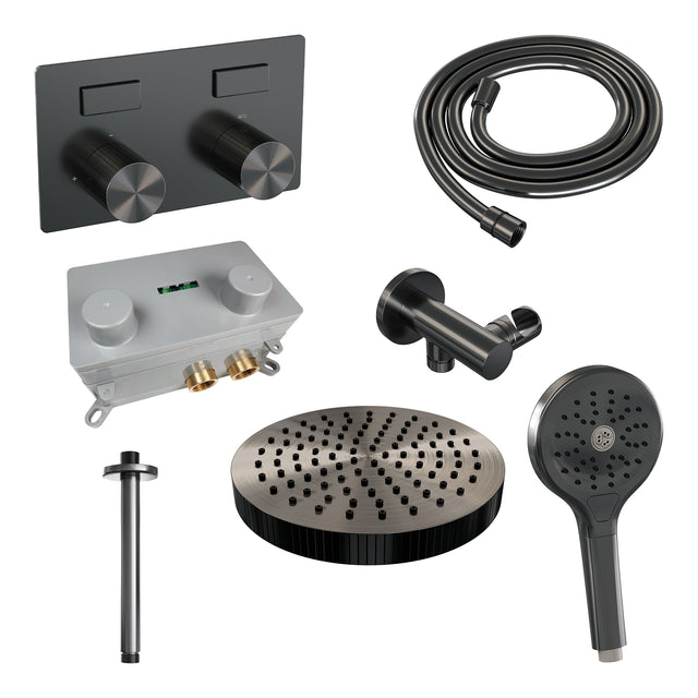 BRAUER Stripe thermostatische inbouw regendouche met drukknoppen SET 30 met 25 cm douchekop en plafondarm en 3-standen handdouche en doucheslang en wandaansluitbocht gunmetal geborsteld PVD 5-GM-423