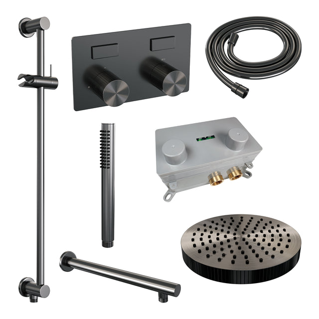 BRAUER Stripe thermostatische inbouw regendouche met drukknoppen SET 31 met 25 cm douchekop en rechte muurarm en staaf handdouche en doucheslang en geïntegreerde glijstang gunmetal geborsteld PVD 5-GM-425