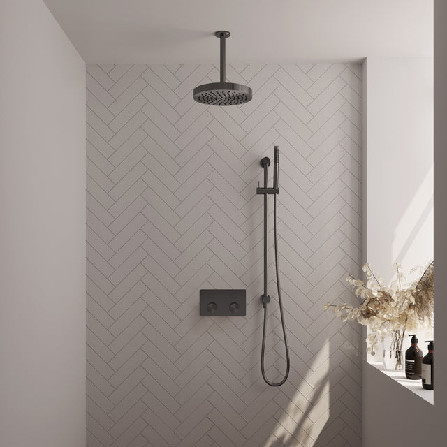 BRAUER Stripe thermostatische inbouw regendouche met drukknoppen SET 33 met 25 cm douchekop en plafondarm en staaf handdouche en doucheslang en geïntegreerde glijstang gunmetal geborsteld PVD 5-GM-429