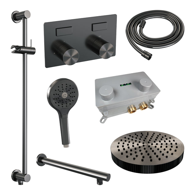BRAUER Stripe thermostatische inbouw regendouche met drukknoppen SET 34 met 25 cm douchekop en rechte muurarm en 3-standen handdouche en doucheslang en geïntegreerde glijstang gunmetal geborsteld PVD 5-GM-431