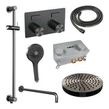 BRAUER Stripe thermostatische inbouw regendouche met drukknoppen SET 35 met 25 cm douchekop en gebogen muurarm en 3-standen handdouche en doucheslang en geïntegreerde glijstang gunmetal geborsteld PVD 5-GM-433