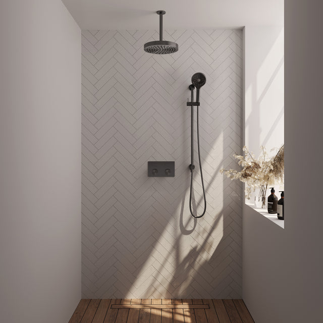 BRAUER Stripe thermostatische inbouw regendouche met drukknoppen SET 36 met 25 cm douchekop en plafondarm en 3-standen handdouche en doucheslang en geïntegreerde glijstang gunmetal geborsteld PVD 5-GM-435