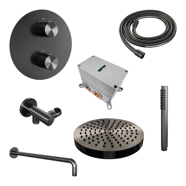 BRAUER Stripe thermostatische inbouw regendouche 3-weg rond SET 38 met 25 cm douchekop en gebogen muurarm en staaf handdouche en doucheslang en wandaansluitbocht gunmetal geborsteld PVD 5-GM-439