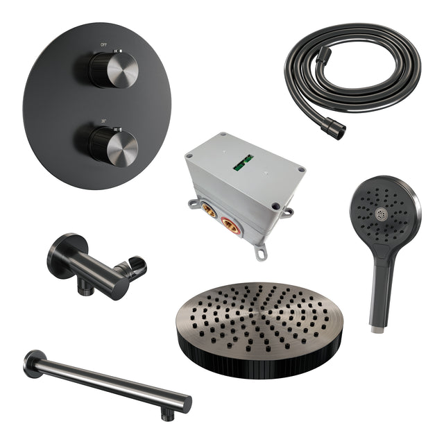 BRAUER Stripe thermostatische inbouw regendouche 3-weg rond SET 40 met 25 cm douchekop en rechte muurarm en 3-standen handdouche en doucheslang en wandaansluitbocht gunmetal geborsteld PVD 5-GM-443
