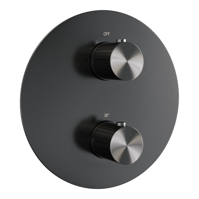 BRAUER Stripe thermostatische inbouw regendouche 3-weg rond SET 41 met 25 cm douchekop en gebogen muurarm en 3-standen handdouche en doucheslang en wandaansluitbocht gunmetal geborsteld PVD 5-GM-445