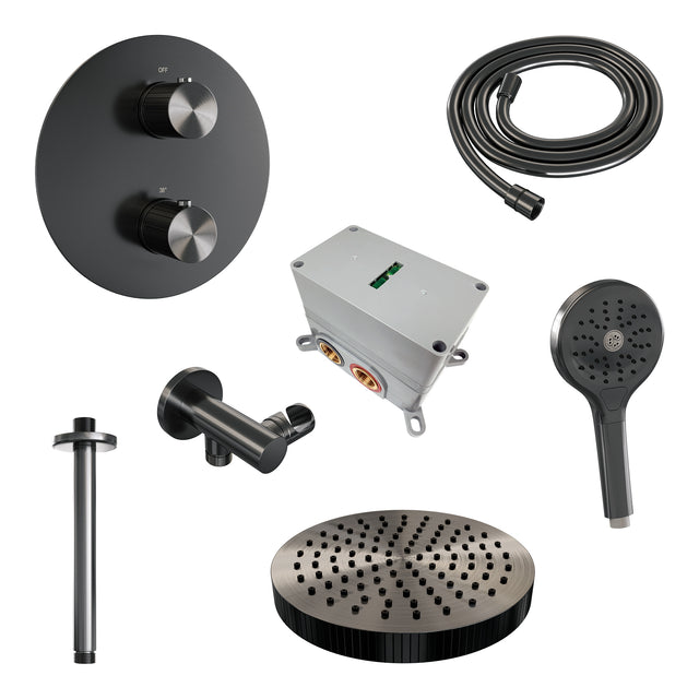 BRAUER Stripe thermostatische inbouw regendouche 3-weg rond SET 42 met 25 cm douchekop en plafondarm en 3-standen handdouche en doucheslang en wandaansluitbocht gunmetal geborsteld PVD 5-GM-447