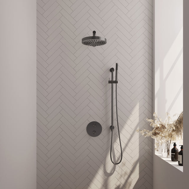 BRAUER Stripe thermostatische inbouw regendouche 3-weg rond SET 43 met 25 cm douchekop en rechte muurarm en staaf handdouche en doucheslang en geïntegreerde glijstang gunmetal geborsteld PVD 5-GM-449