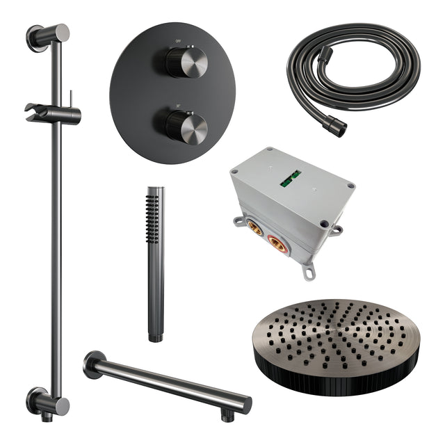 BRAUER Stripe thermostatische inbouw regendouche 3-weg rond SET 43 met 25 cm douchekop en rechte muurarm en staaf handdouche en doucheslang en geïntegreerde glijstang gunmetal geborsteld PVD 5-GM-449