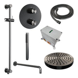 BRAUER Stripe thermostatische inbouw regendouche 3-weg rond SET 44 met 25 cm douchekop en gebogen muurarm en staaf handdouche en doucheslang en geïntegreerde glijstang gunmetal geborsteld PVD 5-GM-451