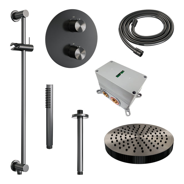 BRAUER Stripe thermostatische inbouw regendouche 3-weg rond SET 45 met 25 cm douchekop en plafondarm en staaf handdouche en doucheslang en geïntegreerde glijstang gunmetal geborsteld PVD 5-GM-453