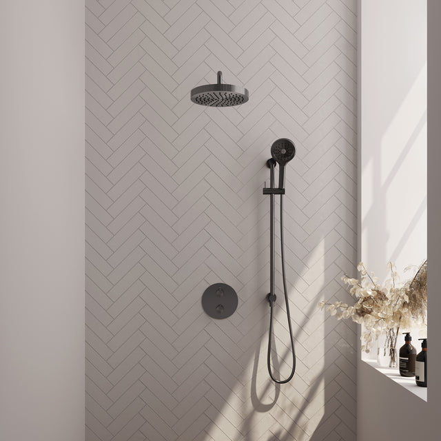 BRAUER Stripe thermostatische inbouw regendouche 3-weg rond SET 47 met 25 cm douchekop en gebogen muurarm en 3-standen handdouche en doucheslang en geïntegreerde glijstang gunmetal geborsteld PVD 5-GM-457