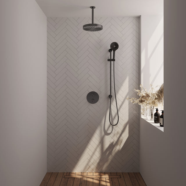 BRAUER Stripe thermostatische inbouw regendouche 3-weg rond SET 48 met 25 cm douchekop en plafondarm en 3-standen handdouche en doucheslang en geïntegreerde glijstang gunmetal geborsteld PVD 5-GM-459