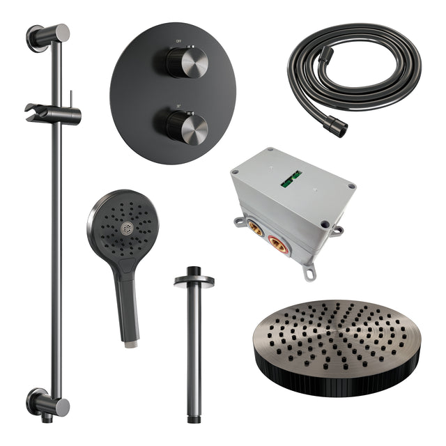 BRAUER Stripe thermostatische inbouw regendouche 3-weg rond SET 48 met 25 cm douchekop en plafondarm en 3-standen handdouche en doucheslang en geïntegreerde glijstang gunmetal geborsteld PVD 5-GM-459