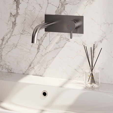 BRAUER Brushed Edition inbouw wastafelmengkraan met gebogen uitloop en afdekplaat model E1 RVS geborsteld PVD