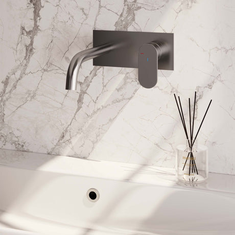 BRAUER Brushed Edition inbouw wastafelmengkraan met gebogen uitloop en afdekplaat model C1 RVS geborsteld PVD