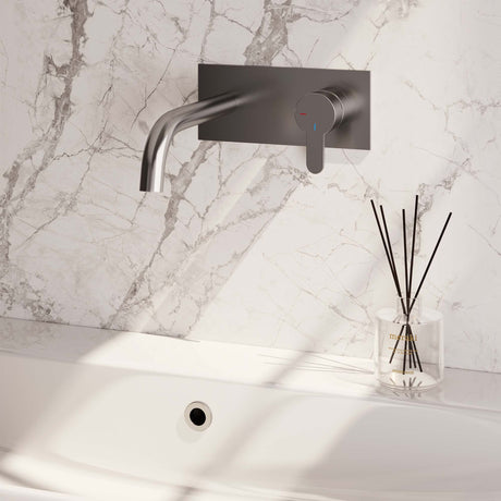 BRAUER Brushed Edition inbouw wastafelmengkraan met gebogen uitloop en afdekplaat model D1 RVS geborsteld PVD