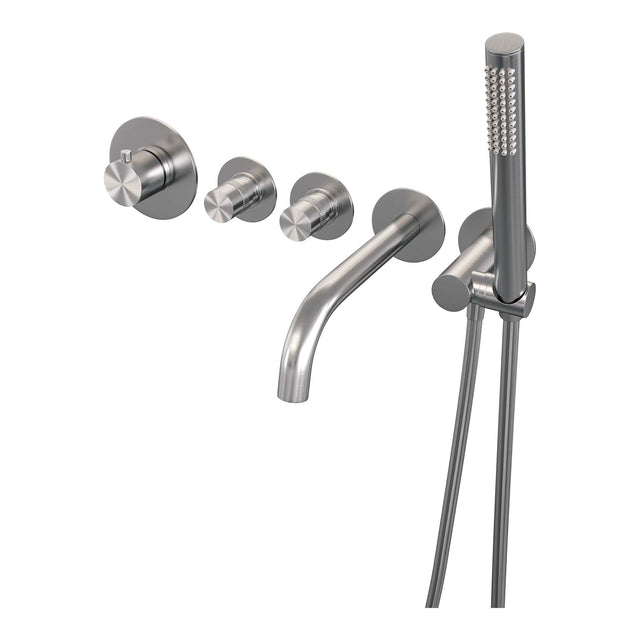 BRAUER Brushed Edition thermostatische inbouw badkraan SET 01 met uitloop en staaf handdouche en doucheslang en wandaansluitbocht RVS geborsteld PVD