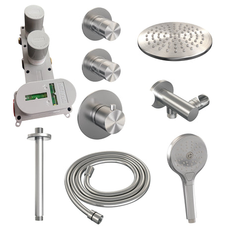 BRAUER Brushed Edition thermostatische inbouw regendouche SET 11 met 20 cm douchekop en plafondarm en 3-standen handdouche en doucheslang en wandaansluitbocht RVS geborsteld PVD