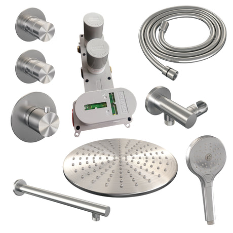 BRAUER Brushed Edition thermostatische inbouw regendouche SET 08 met 30 cm douchekop en rechte muurarm en 3-standen handdouche en doucheslang en wandaansluitbocht RVS geborsteld PVD