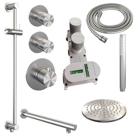 BRAUER Brushed Edition thermostatische inbouw regendouche SET 13 met 20 cm douchekop en rechte muurarm en staaf handdouche en doucheslang en geïntegreerde glijstang RVS geborsteld PVD
