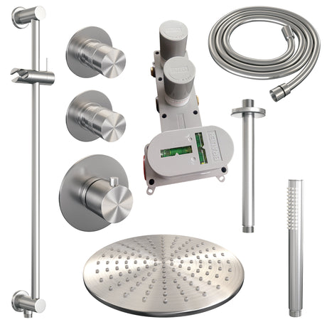 BRAUER Brushed Edition thermostatische inbouw regendouche SET 18 met 30 cm douchekop en plafondarm en staaf handdouche en doucheslang en geïntegreerde glijstang RVS geborsteld PVD