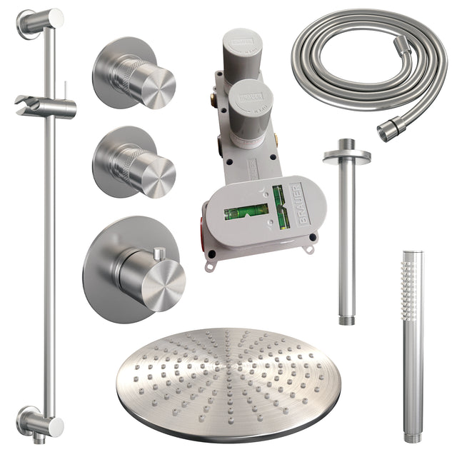 BRAUER Brushed Edition thermostatische inbouw regendouche SET 18 met 30 cm douchekop en plafondarm en staaf handdouche en doucheslang en geïntegreerde glijstang RVS geborsteld PVD