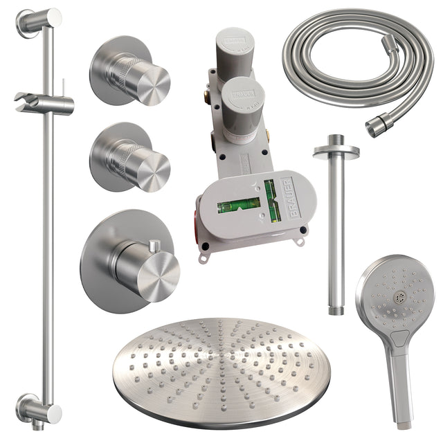 BRAUER Brushed Edition thermostatische inbouw regendouche SET 24 met 30 cm douchekop en plafondarm en 3-standen handdouche en doucheslang en geïntegreerde glijstang RVS geborsteld PVD