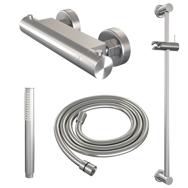 BRAUER Brushed Edition opbouw douche thermostaatkraan SET 01 met glijstang en staaf handdouche en doucheslang RVS geborsteld PVD