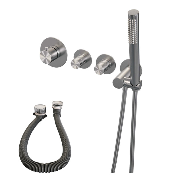 BRAUER Brushed Edition thermostatische inbouw badkraan SET 01 met badvulcombinatie en staaf handdouche en doucheslang en wandaansluitbocht RVS geborsteld PVD