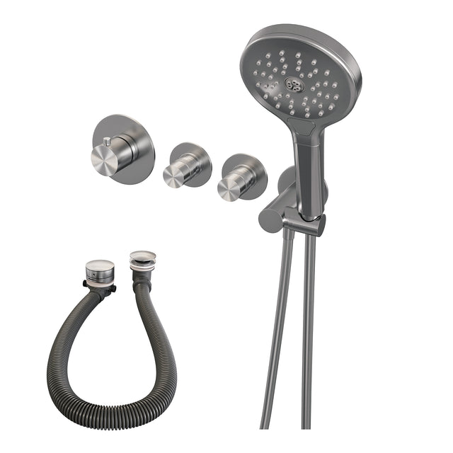 BRAUER Brushed Edition thermostatische inbouw badkraan SET 02 met badvulcombinatie en 3-standen handdouche en doucheslang en wandaansluitbocht RVS geborsteld PVD