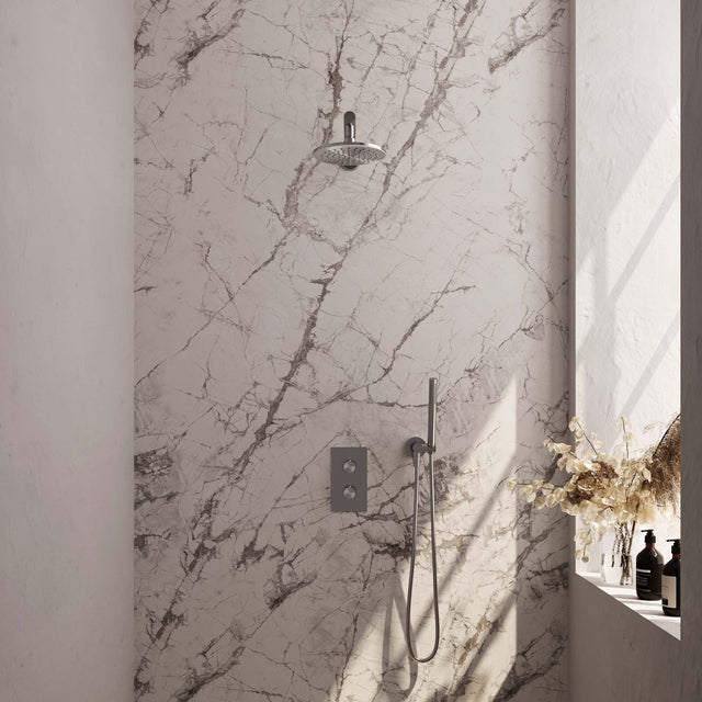 BRAUER Brushed Edition thermostatische inbouw regendouche 3-weg omstelling SET 25 met 20 cm douchekop en rechte muurarm en staaf handdouche en doucheslang en wandaansluitbocht RVS geborsteld PVD