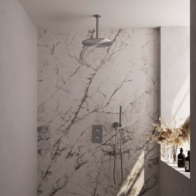 BRAUER Brushed Edition thermostatische inbouw regendouche 3-weg omstelling SET 30 met 30 cm douchekop en plafondarm en staaf handdouche en doucheslang en wandaansluitbocht RVS geborsteld PVD
