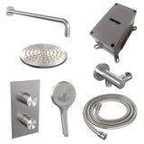 BRAUER Brushed Edition thermostatische inbouw regendouche 3-weg omstelling SET 33 met 20 cm douchekop en gebogen muurarm en 3-standen handdouche en doucheslang en wandaansluitbocht RVS geborsteld PVD