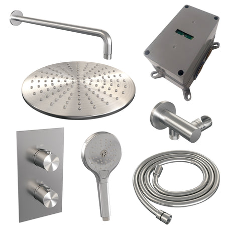 BRAUER Brushed Edition thermostatische inbouw regendouche 3-weg omstelling SET 34 met 30 cm douchekop en gebogen muurarm en 3-standen handdouche en doucheslang en wandaansluitbocht RVS geborsteld PVD