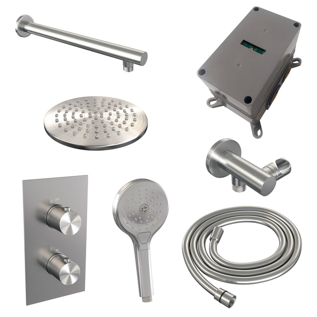 BRAUER Brushed Edition thermostatische inbouw regendouche 3-weg omstelling SET 31 met 20 cm douchekop en rechte muurarm en 3-standen handdouche en doucheslang en wandaansluitbocht RVS geborsteld PVD