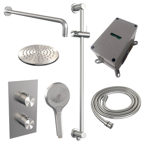 BRAUER Brushed Edition thermostatische inbouw regendouche 3-weg omstelling SET 45 met 20 cm douchekop en gebogen muurarm en 3-standen handdouche en doucheslang en geïntegreerde glijstang RVS geborsteld PVD
