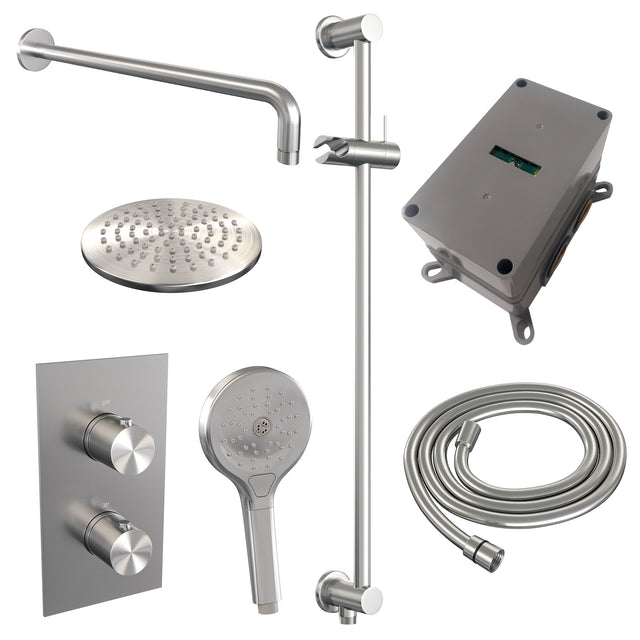 BRAUER Brushed Edition thermostatische inbouw regendouche 3-weg omstelling SET 45 met 20 cm douchekop en gebogen muurarm en 3-standen handdouche en doucheslang en geïntegreerde glijstang RVS geborsteld PVD