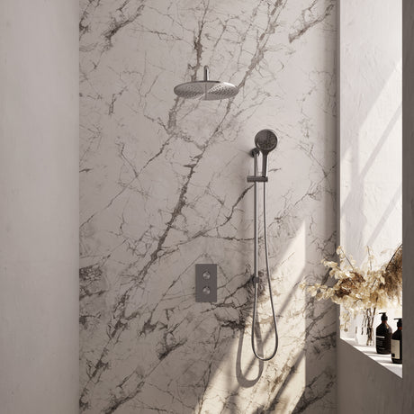 BRAUER Brushed Edition thermostatische inbouw regendouche 3-weg omstelling SET 46 met 30 cm douchekop en gebogen muurarm en 3-standen handdouche en doucheslang en geïntegreerde glijstang RVS geborsteld PVD