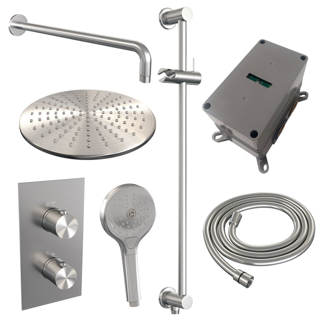 BRAUER Brushed Edition thermostatische inbouw regendouche 3-weg omstelling SET 46 met 30 cm douchekop en gebogen muurarm en 3-standen handdouche en doucheslang en geïntegreerde glijstang RVS geborsteld PVD