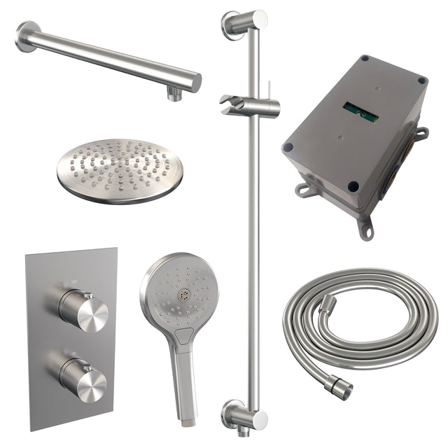 BRAUER Brushed Edition thermostatische inbouw regendouche 3-weg omstelling SET 43 met 20 cm douchekop en rechte muurarm en 3-standen handdouche en doucheslang en geïntegreerde glijstang RVS geborsteld PVD