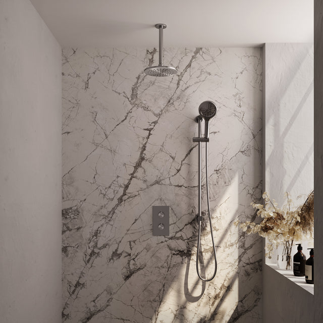 BRAUER Brushed Edition thermostatische inbouw regendouche 3-weg omstelling SET 47 met 20 cm douchekop en plafondarm en 3-standen handdouche en doucheslang en geïntegreerde glijstang RVS geborsteld PVD