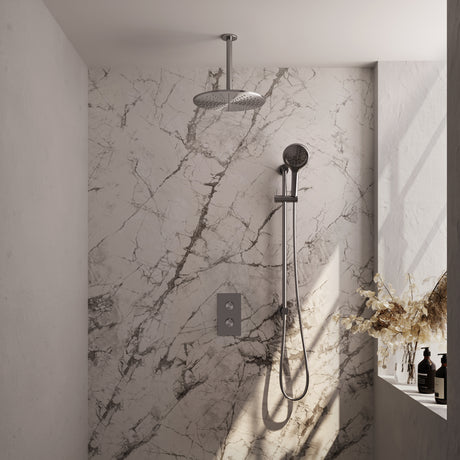 BRAUER Brushed Edition thermostatische inbouw regendouche 3-weg omstelling SET 48 met 30 cm douchekop en plafondarm en 3-standen handdouche en doucheslang en geïntegreerde glijstang RVS geborsteld PVD