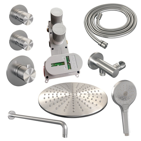 BRAUER Brushed Edition thermostatische inbouw regendouche SET 10 met 30 cm douchekop en gebogen muurarm en 3-standen handdouche en doucheslang en wandaansluitbocht RVS geborsteld PVD