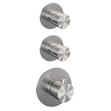BRAUER Brushed Edition thermostatische inbouw regendouche SET 10 met 30 cm douchekop en gebogen muurarm en 3-standen handdouche en doucheslang en wandaansluitbocht RVS geborsteld PVD