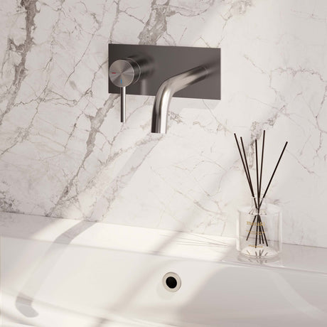 BRAUER Brushed Edition inbouw wastafelmengkraan met gebogen uitloop en afdekplaat model A2 RVS geborsteld PVD