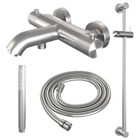 BRAUER Brushed Carving opbouw baddouche thermostaatkraan SET 01 met glijstang en staaf handdouche en doucheslang RVS geborsteld PVD