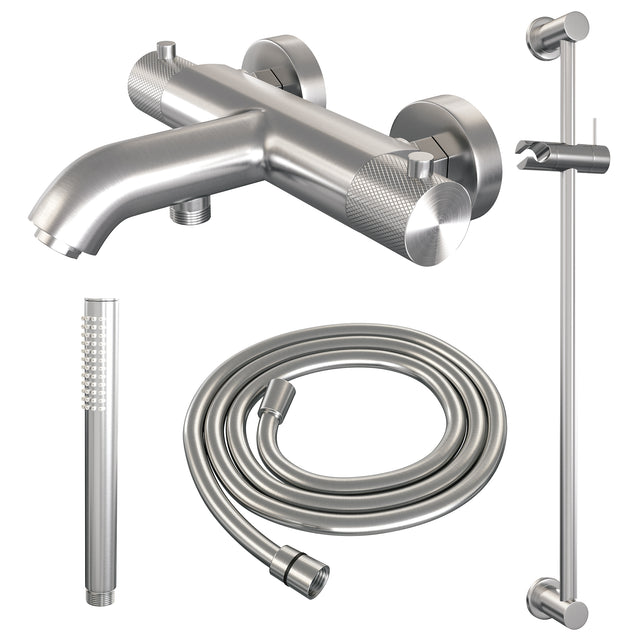 BRAUER Brushed Carving opbouw baddouche thermostaatkraan SET 01 met glijstang en staaf handdouche en doucheslang RVS geborsteld PVD